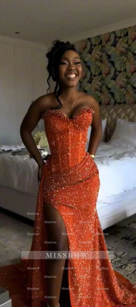 Gorgeous Strapless Sleeveless Mermaid Glitter Long Prom Dress With Slit