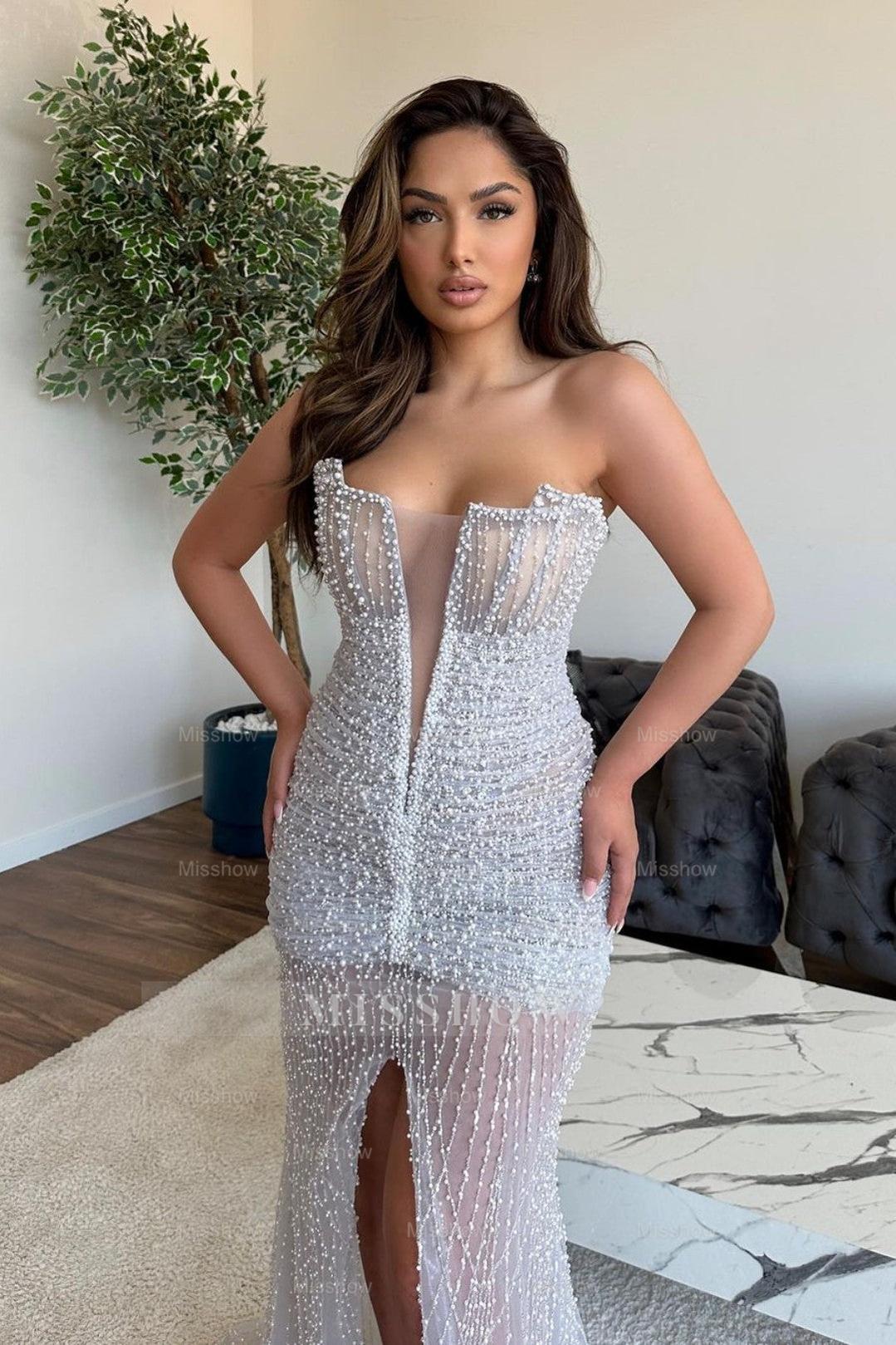 Gorgeous V-Neck Sleeveless Sexy Beaded Prom Dress with Front Slit