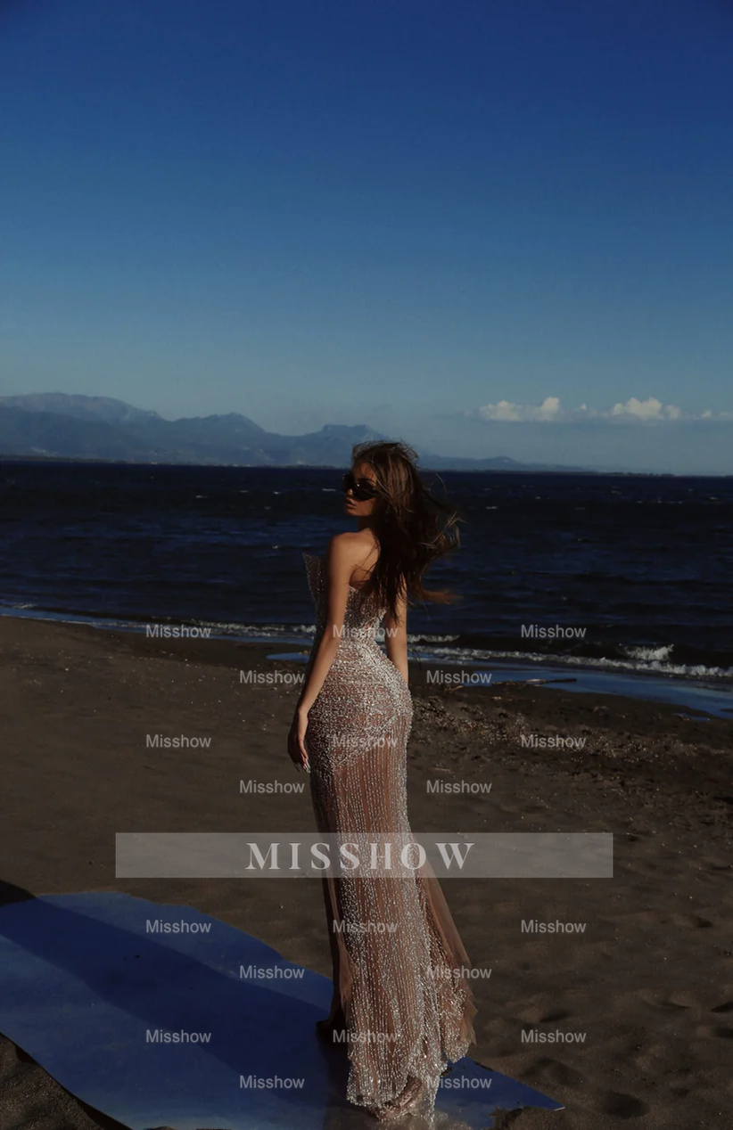 Gorgeous V-Neck Sleeveless Sexy Beaded Prom Dress with Front Slit