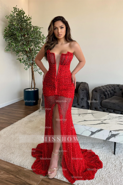 Gorgeous V-Neck Sleeveless Sexy Beaded Prom Dress with Front Slit