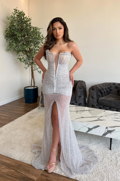 Gorgeous V-Neck Sleeveless Sexy Beaded Prom Dress with Front Slit
