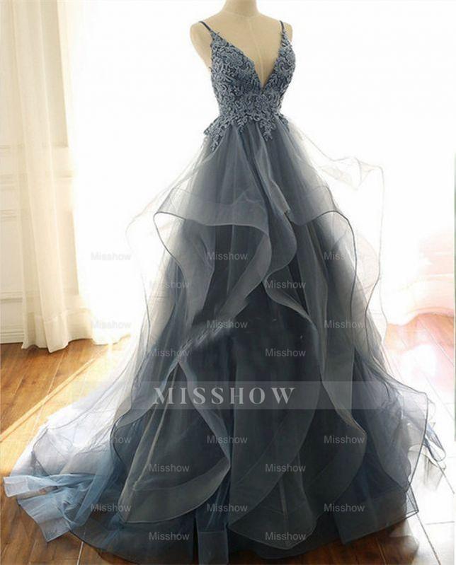 Gorgeous V Neck Spaghetti Straps Dark Blue Prom Evening Dresses With Ruffles