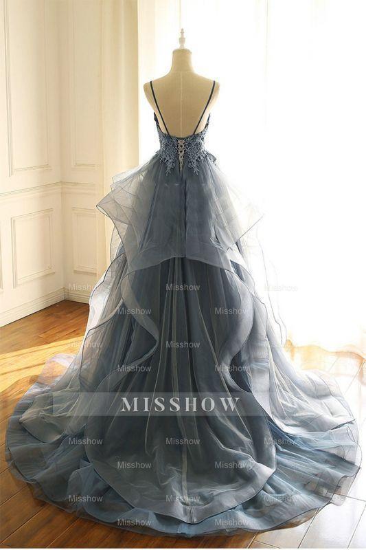 Gorgeous V Neck Spaghetti Straps Dark Blue Prom Evening Dresses With Ruffles