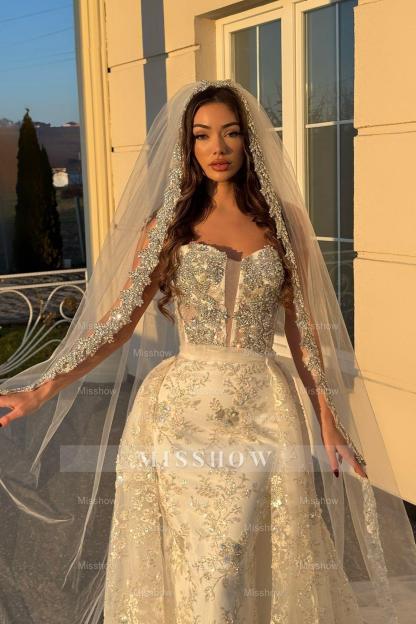 Gorgeous White Column Strapless Beaded Sequined Sleeveless Panel Train Lace Wedding Dresses With Rhinestone