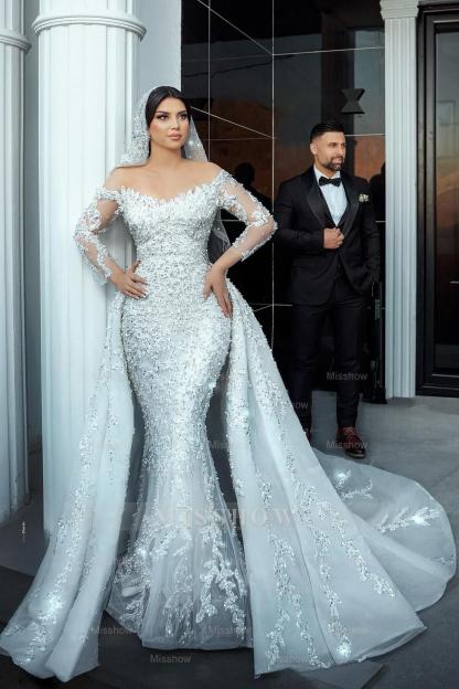 Gorgeous White Mermaid Off-The-Shoulder Strapless Beaded Long Sleeves Sequined Detachable Panel Train Long Tulle Wedding Dresses With Pearls And Appliques