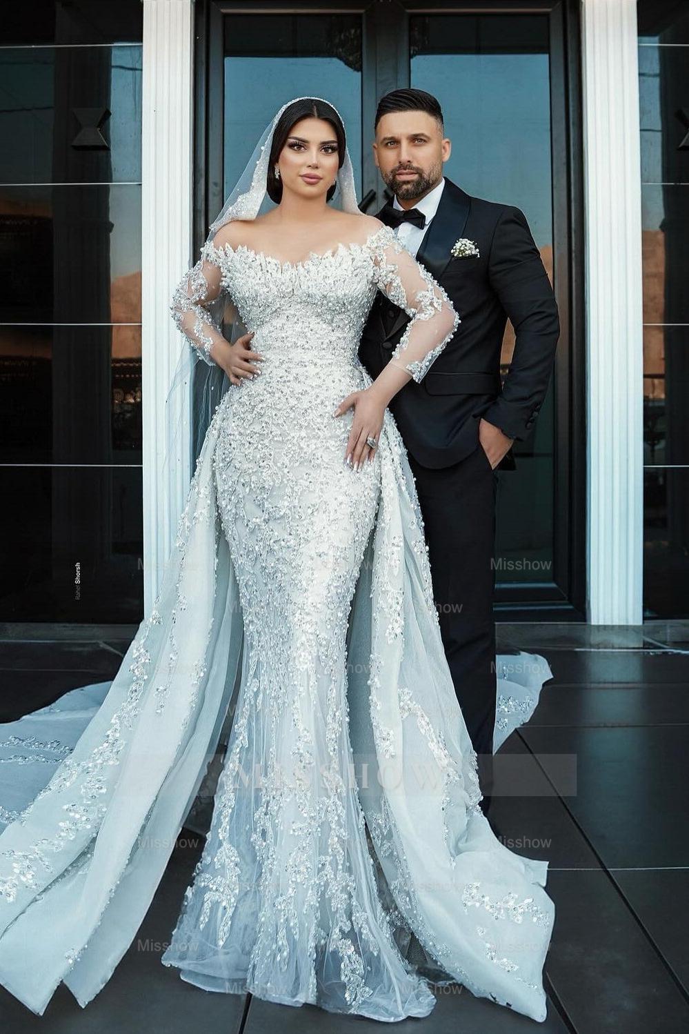 Gorgeous White Mermaid Off-The-Shoulder Strapless Beaded Long Sleeves Sequined Detachable Panel Train Long Tulle Wedding Dresses With Pearls And Appliques