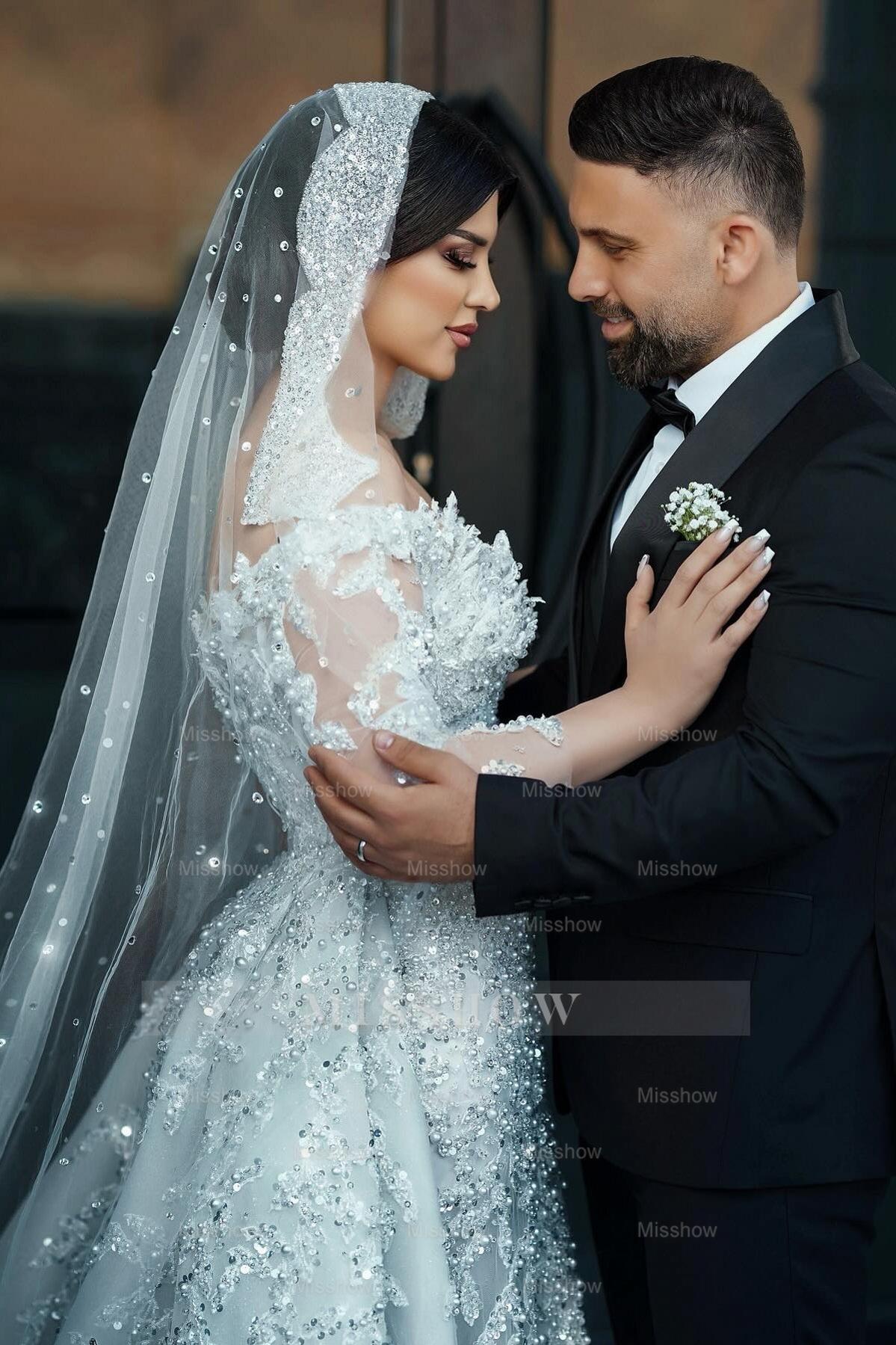 Gorgeous White Mermaid Off-The-Shoulder Strapless Beaded Long Sleeves Sequined Detachable Panel Train Long Tulle Wedding Dresses With Pearls And Appliques