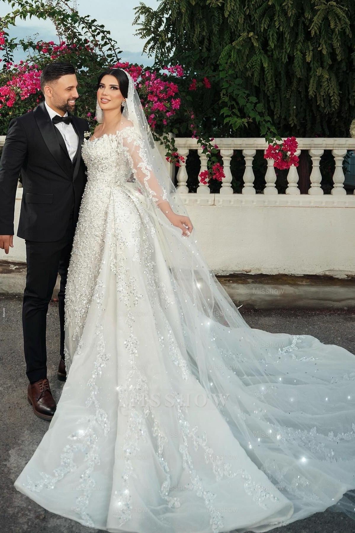 Gorgeous White Mermaid Off-The-Shoulder Strapless Beaded Long Sleeves Sequined Detachable Panel Train Long Tulle Wedding Dresses With Pearls And Appliques