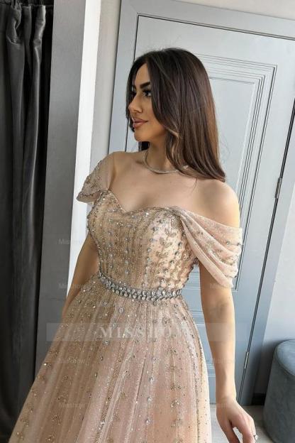 Graceful Champagne A-Line Off-The-Shoulder Formal Dress with Rhinestones