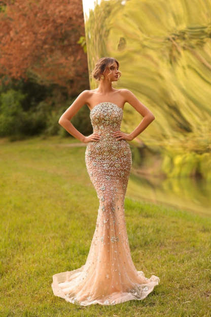 Graceful Champagne Sleeveless Strapless Mermaid Prom Dress with Rhinestones