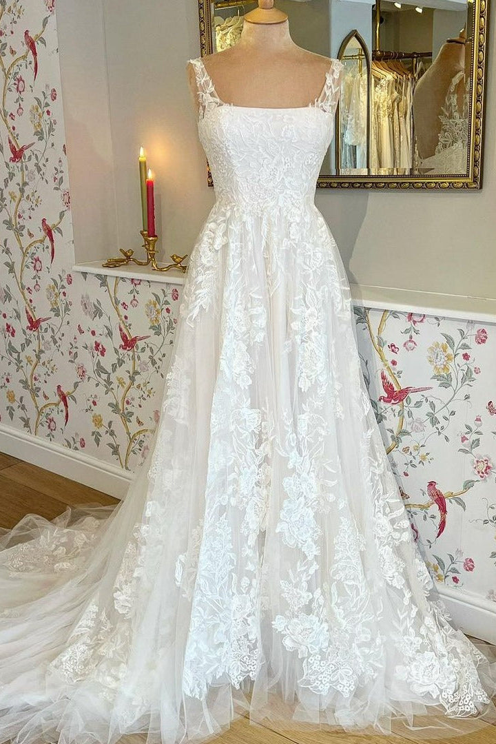 Graceful Ivory A-Line Square-Neck Sleeveless Lace Wedding Dress with Appliques