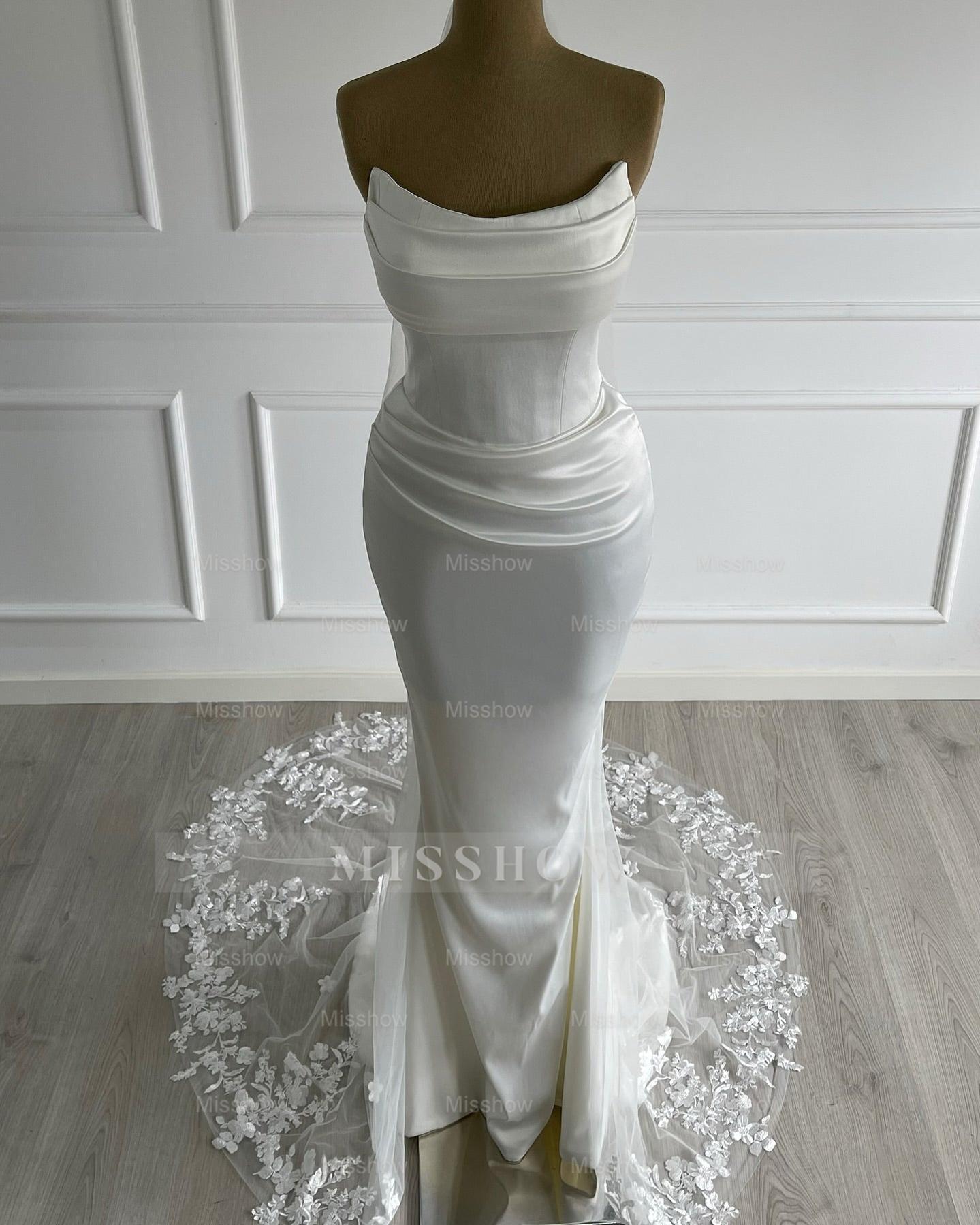 Graceful Ivory Strapless Sleeveless Mermaid Wedding Dress with Ruffles