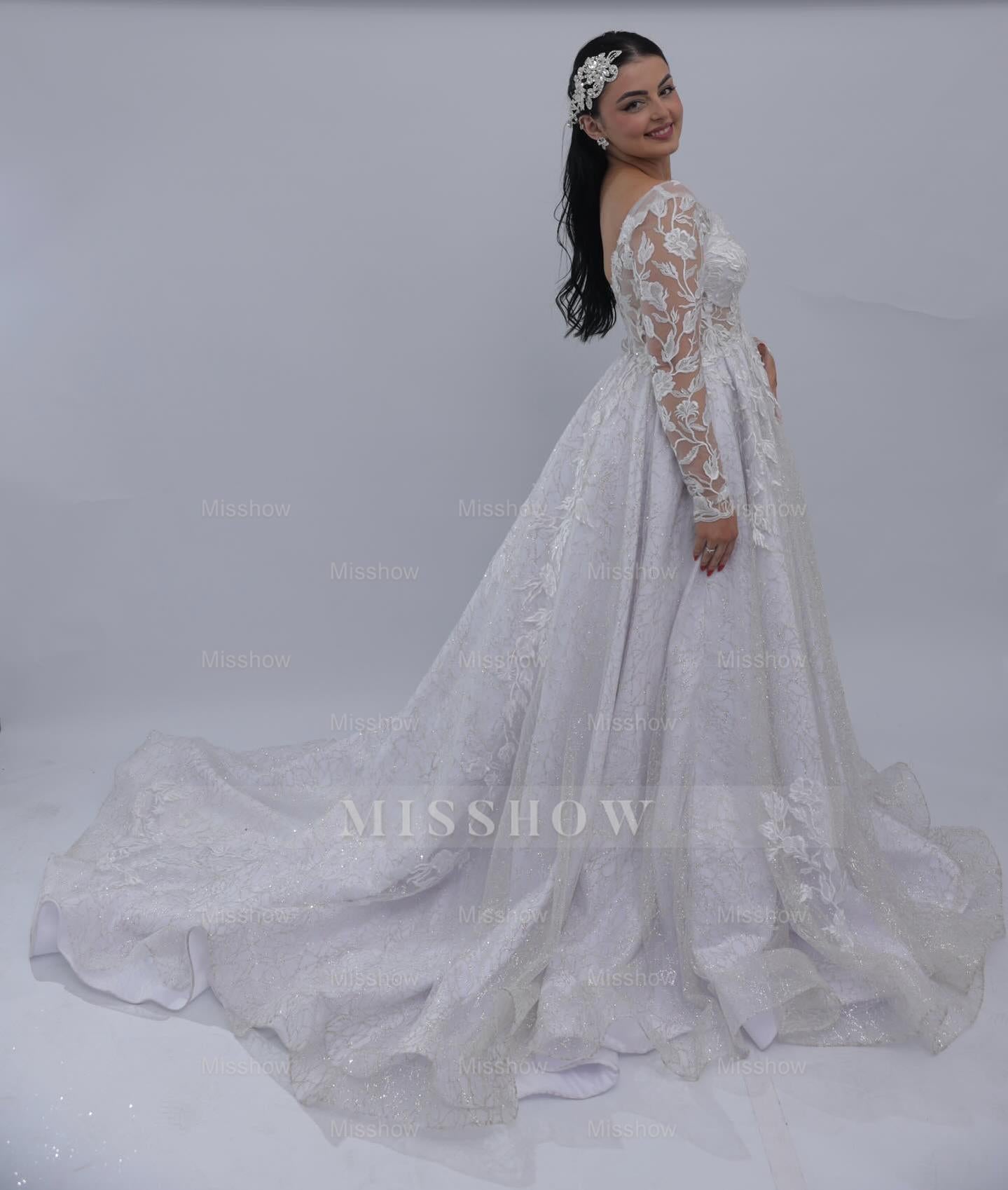 Graceful Long A-line White V-Neck Long-Sleeve Wedding Dress with Appliques and Chapel Train