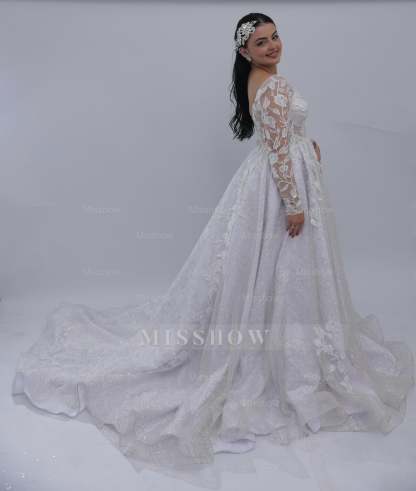 Graceful Long A-line White V-Neck Long-Sleeve Wedding Dress with Appliques and Chapel Train