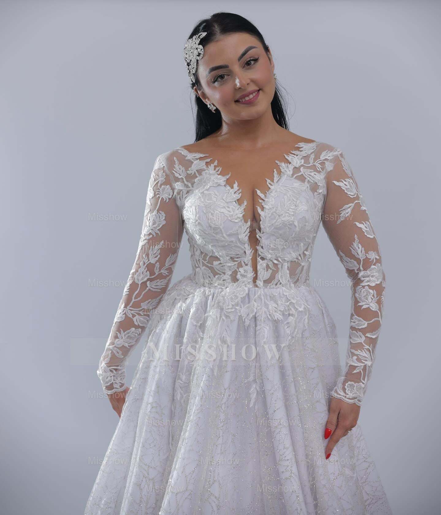 Graceful Long A-line White V-Neck Long-Sleeve Wedding Dress with Appliques and Chapel Train
