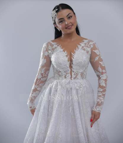 Graceful Long A-line White V-Neck Long-Sleeve Wedding Dress with Appliques and Chapel Train