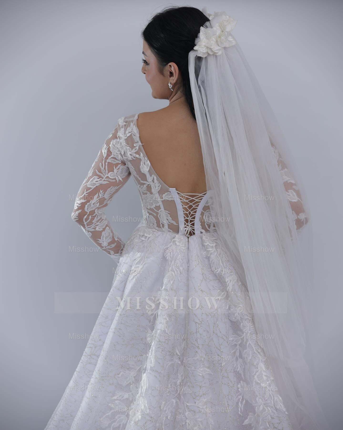 Graceful Long A-line White V-Neck Long-Sleeve Wedding Dress with Appliques and Chapel Train