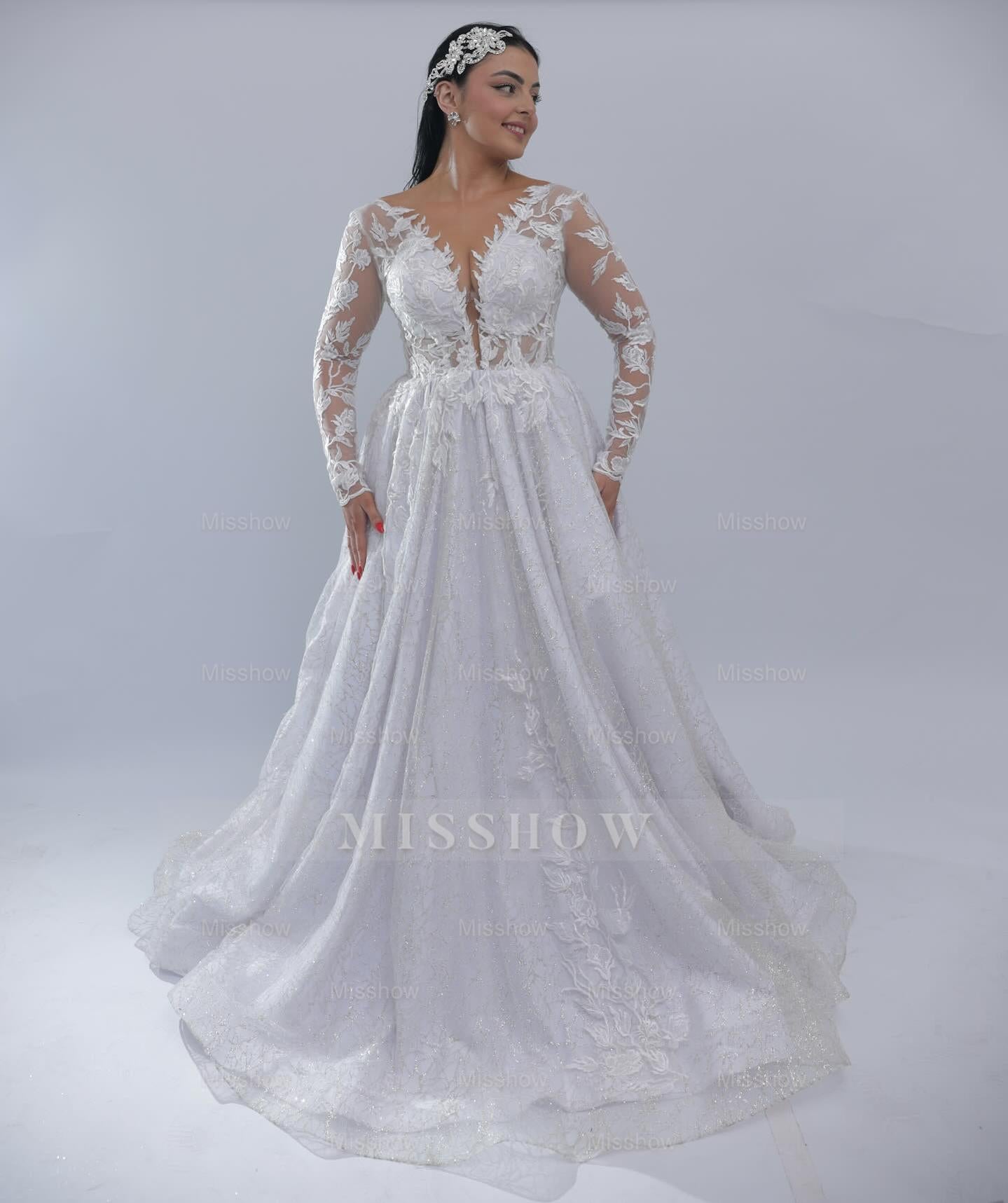 Graceful Long A-line White V-Neck Long-Sleeve Wedding Dress with Appliques and Chapel Train