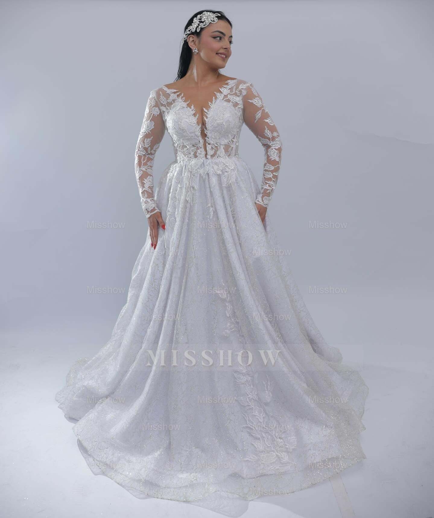 Graceful Long A-line White V-Neck Long-Sleeve Wedding Dress with Appliques and Chapel Train