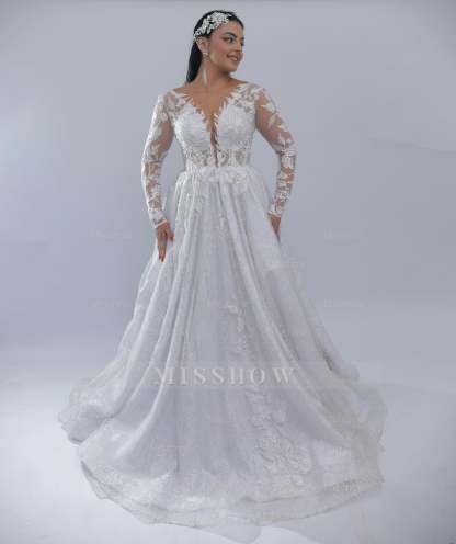 Graceful Long A-line White V-Neck Long-Sleeve Wedding Dress with Appliques and Chapel Train