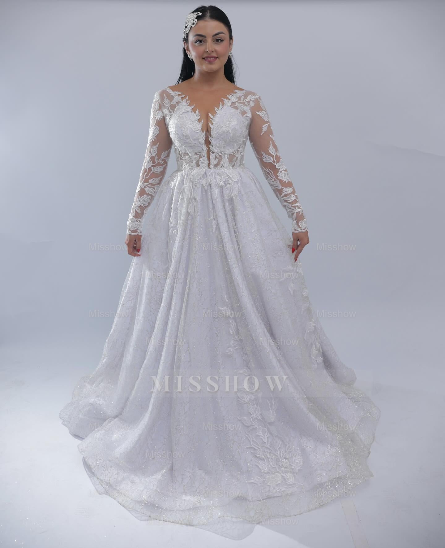Graceful Long A-line White V-Neck Long-Sleeve Wedding Dress with Appliques and Chapel Train