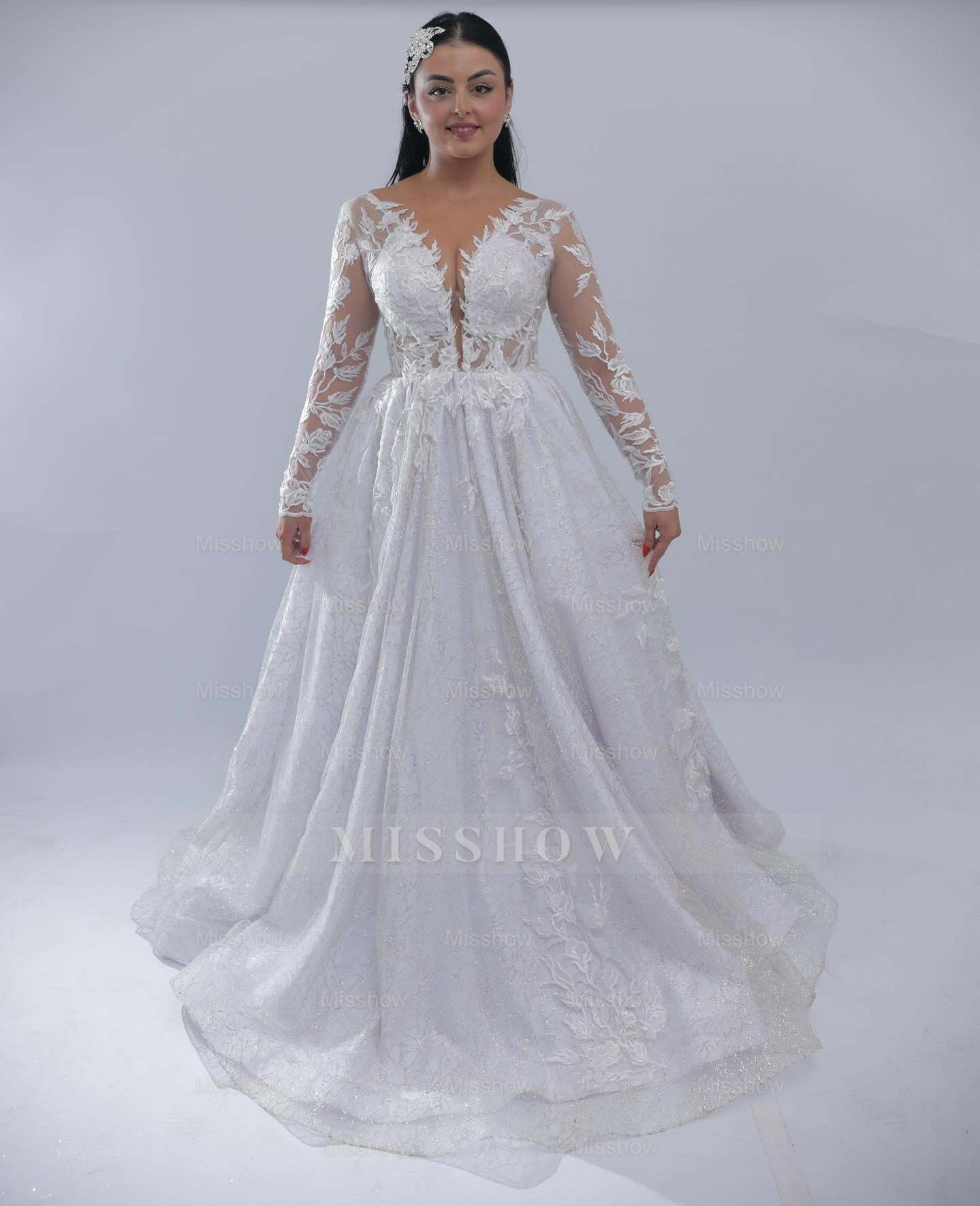 Graceful Long A-line White V-Neck Long-Sleeve Wedding Dress with Appliques and Chapel Train