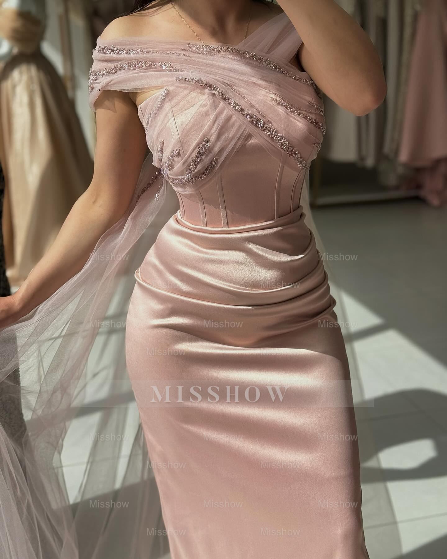 Graceful Pink Off-The-Shoulder Sleeveless Beaded Mermaid Formal Dress with Watteau Train