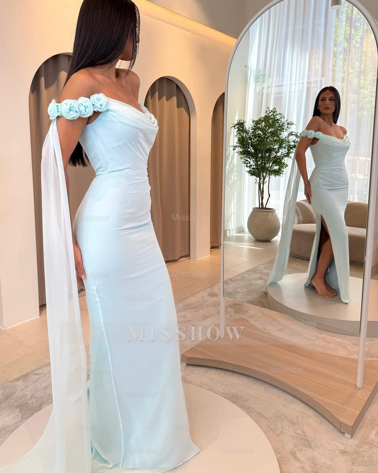 Graceful Sky Blue Off-The-Shoulder Sleeveless Mermaid Evening Dress with Slit