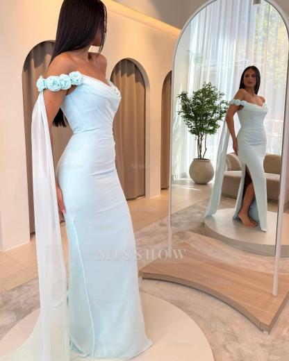 Graceful Sky Blue Off-The-Shoulder Sleeveless Mermaid Evening Dress with Slit