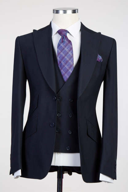 Stylish Dark Navy Three-Piece Peak Lapel Men’s Suits