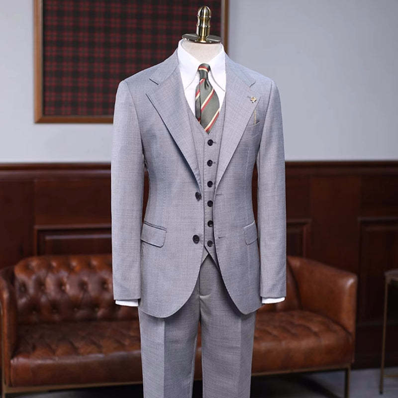 Gray Formal Notched Lapel Three-Piece Business Suit