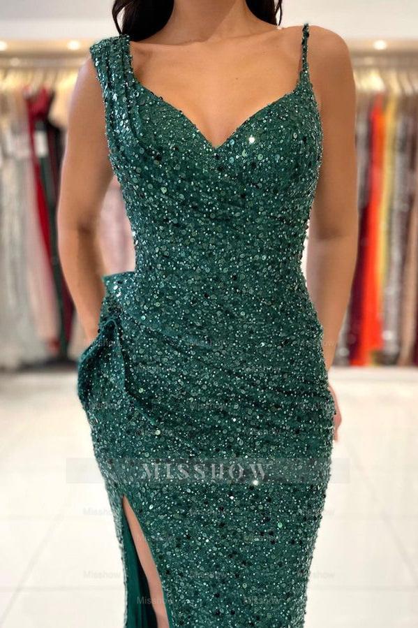 Green Formal Dress Spaghetti Strap With Split Pleated Sequins