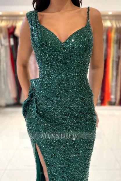 Green Formal Dress Spaghetti Strap With Split Pleated Sequins