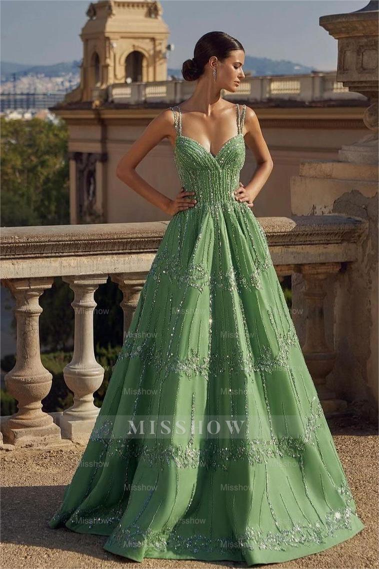 Green Spaghetti Strap Sweetheart Sleeveless Formal Dress With Bead Embroidery