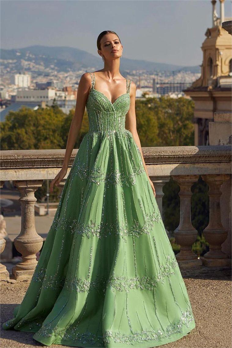 Green Spaghetti Strap Sweetheart Sleeveless Formal Dress With Bead Embroidery