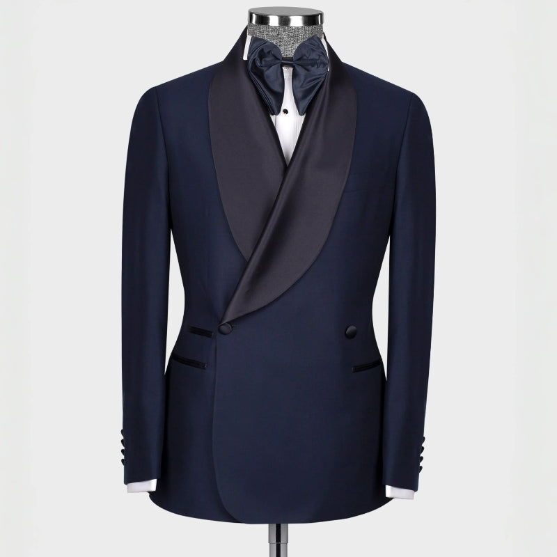 Chic Navy Blue Shawl Lapel Double-Breasted Suit
