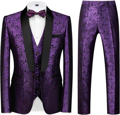 Modern Purple Three-Piece Jacquard Suit for Weddings