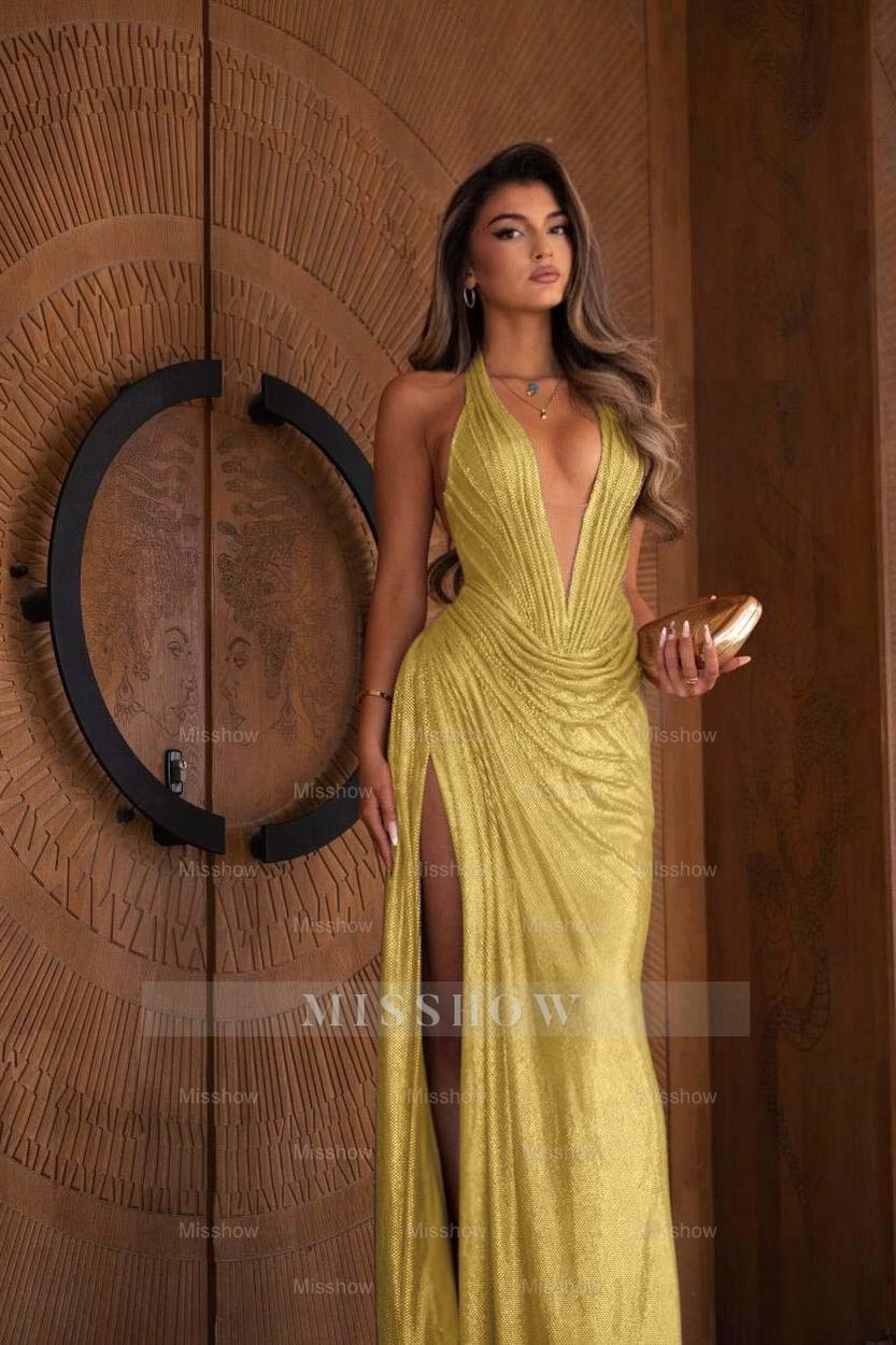 Halter Deep V Neck Sleeveless Long Mermaid Formal Dress With Split