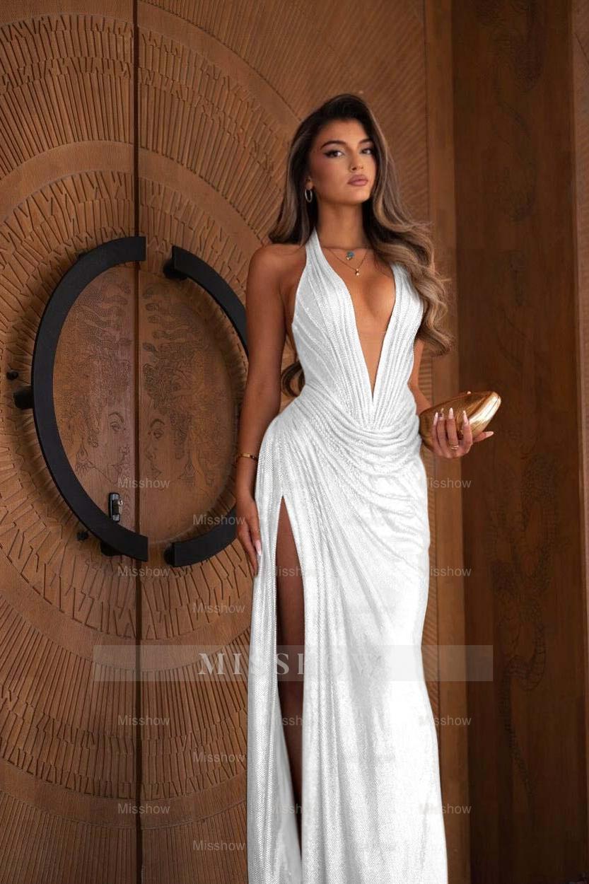 Halter Deep V Neck Sleeveless Long Mermaid Formal Dress With Split