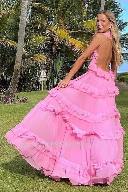 Halter Sleeveless Backless Long Formal Dress With Pleated Ruffles