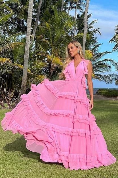 Halter Sleeveless Backless Long Formal Dress With Pleated Ruffles