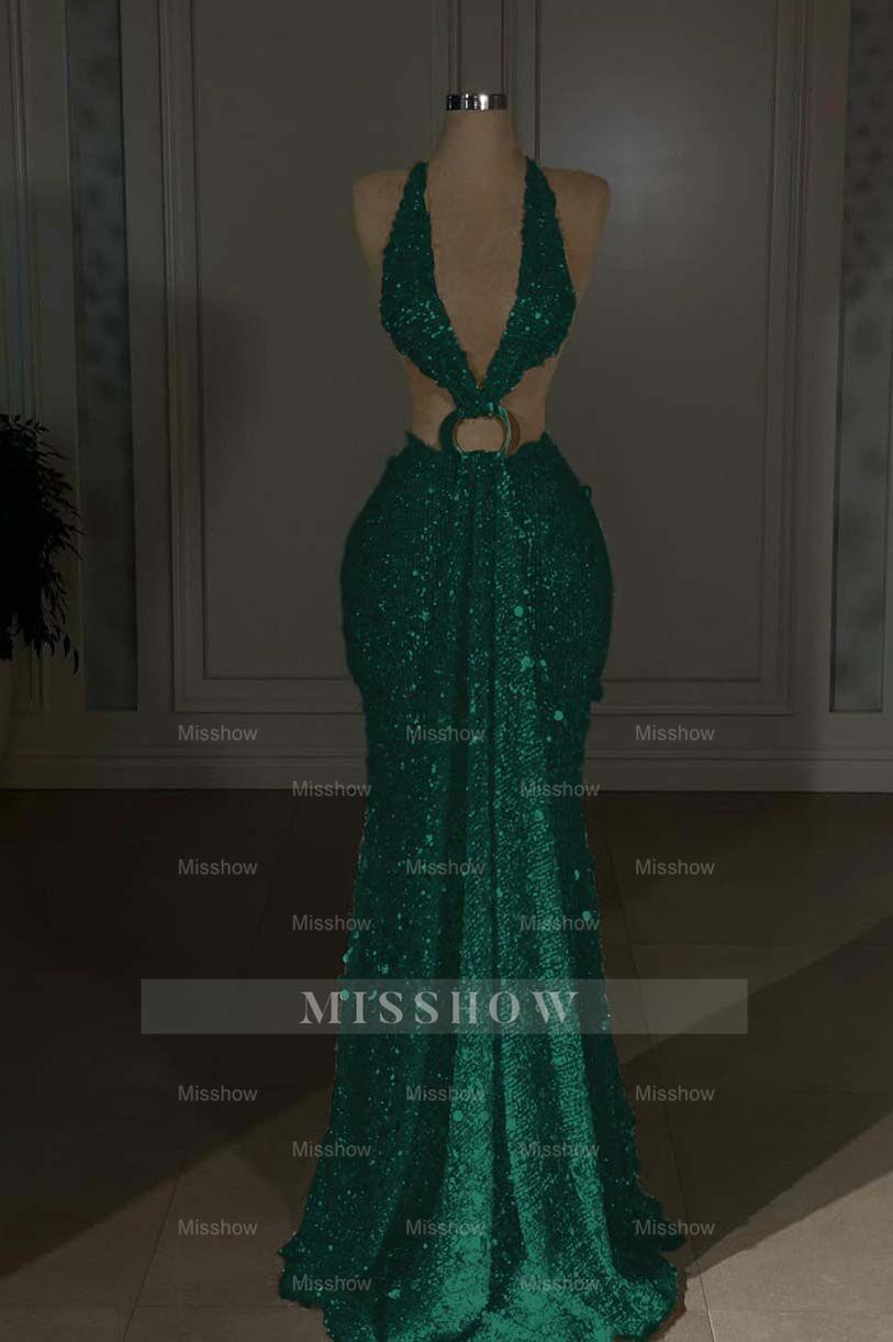 Halter Sleeveless Backless Long Mermaid Formal Dress With Sequins