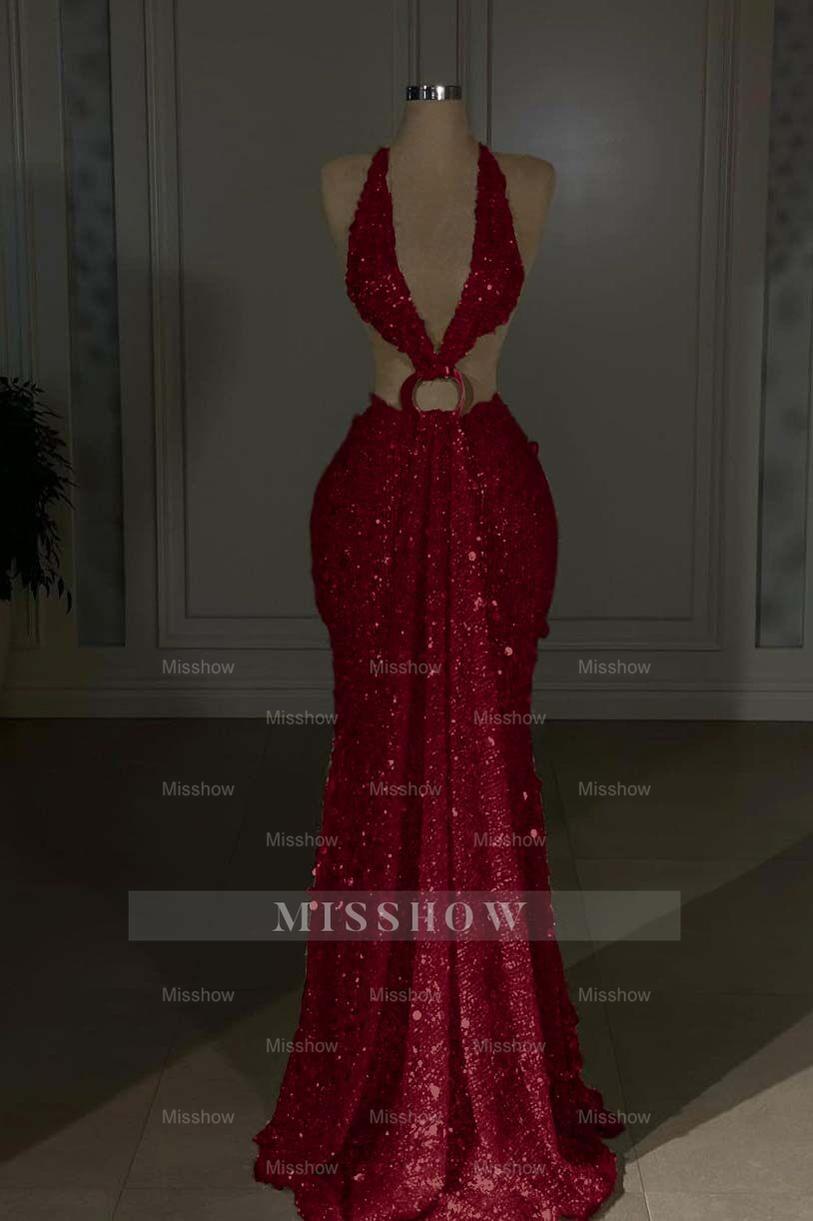 Halter Sleeveless Backless Long Mermaid Formal Dress With Sequins