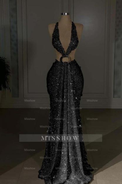 Halter Sleeveless Backless Long Mermaid Formal Dress With Sequins
