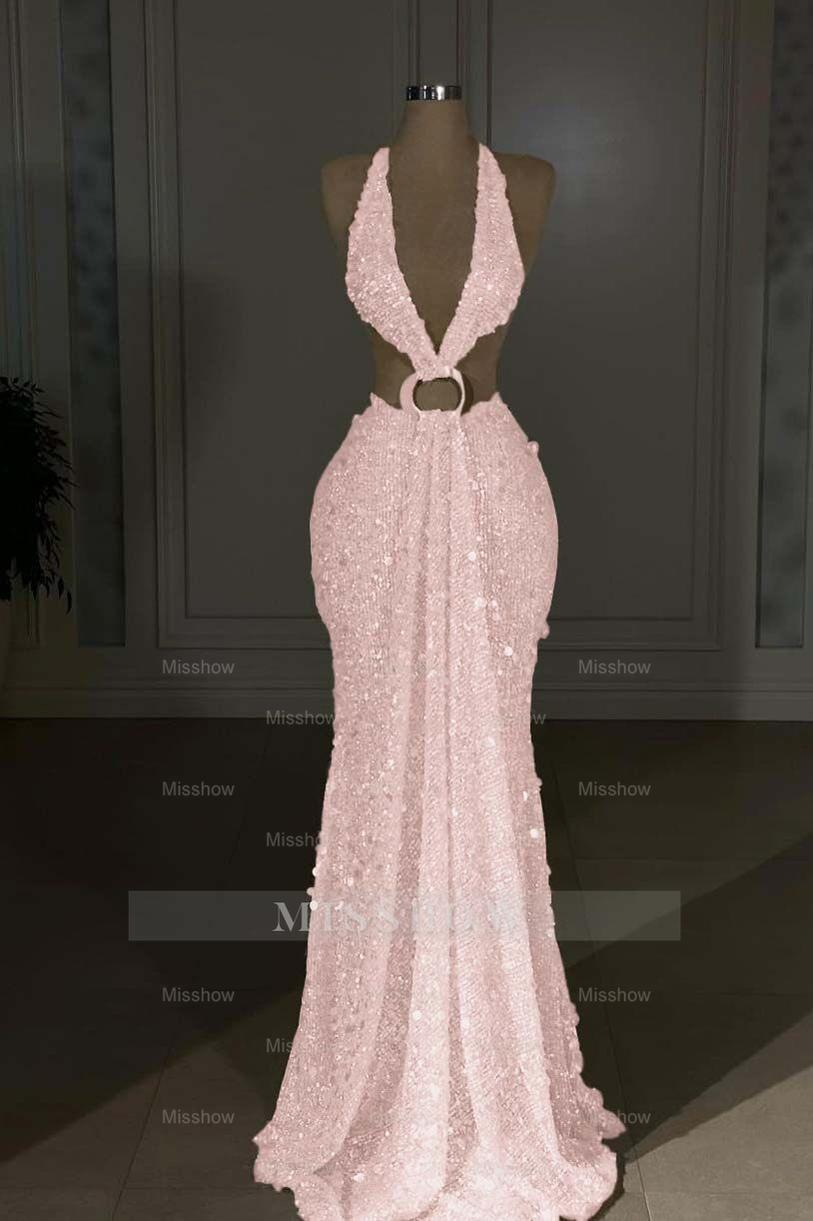 Halter Sleeveless Backless Long Mermaid Formal Dress With Sequins