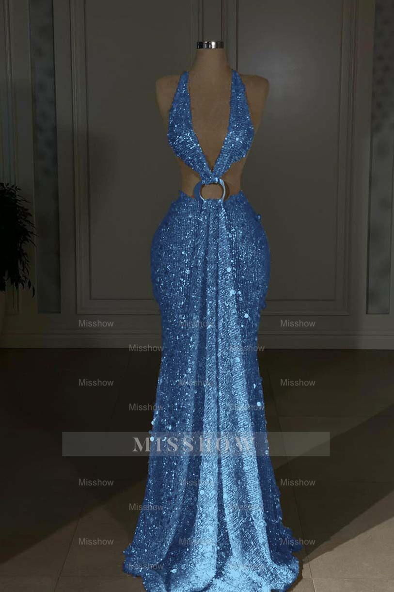 Halter Sleeveless Backless Long Mermaid Formal Dress With Sequins