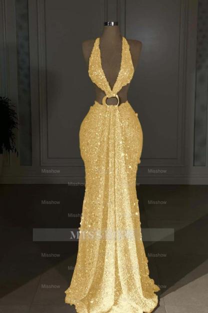 Halter Sleeveless Backless Long Mermaid Formal Dress With Sequins