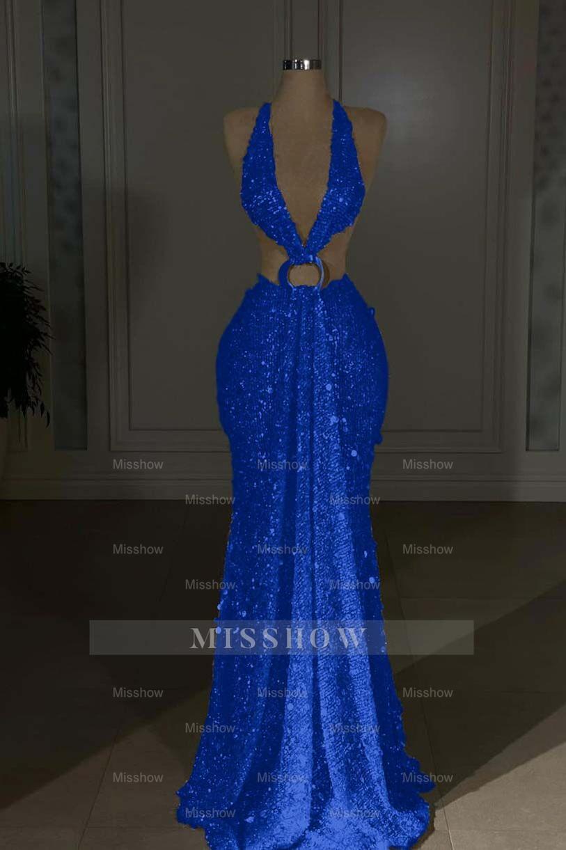 Halter Sleeveless Backless Long Mermaid Formal Dress With Sequins