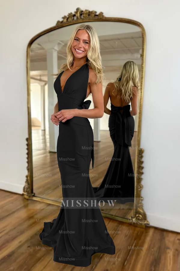 Halter Sleeveless Backless Mermaid Long Formal Dress With Bowknot