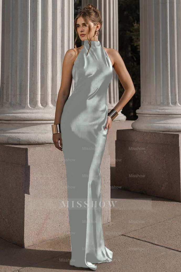 Halter Sleeveless Backless Mermaid Long Formal Dress With Pleated